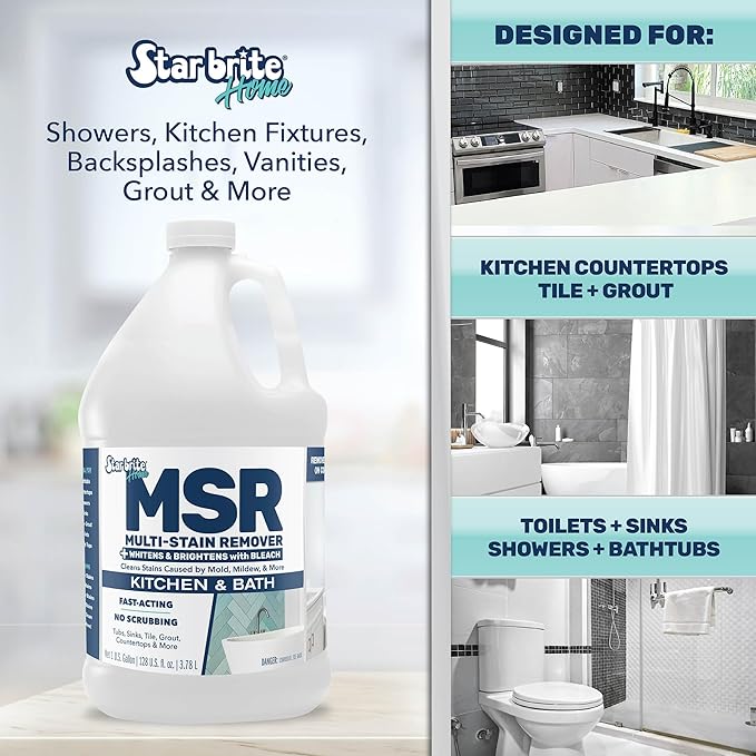 STAR BRITE Home MSR Multi-Stain Remover with Bleach - Fast-Acting Cleaner for Kitchen & Bath - Whitens, Brightens and Removes Stains and Scum on Grout, Tile, Sinks and Countertops