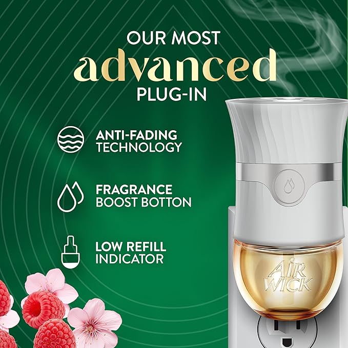 Air Wick Vibrant Plug In Scented Oil Refill, Infused with Essential Oils, Plug In Air Fresheners for Home, Cherry Blossom & Raspberry, 4 ct