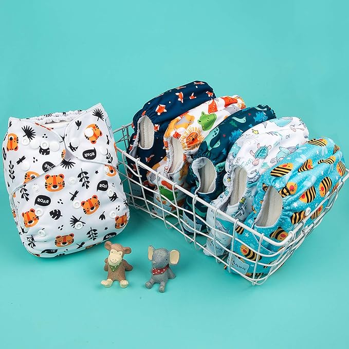 babygoal Reusable Cloth Diapers 6 Pack with 10pcs Inserts, One Size Adjustable Washable Pocket Nappy Covers for Baby Boys and Girls 6FB12