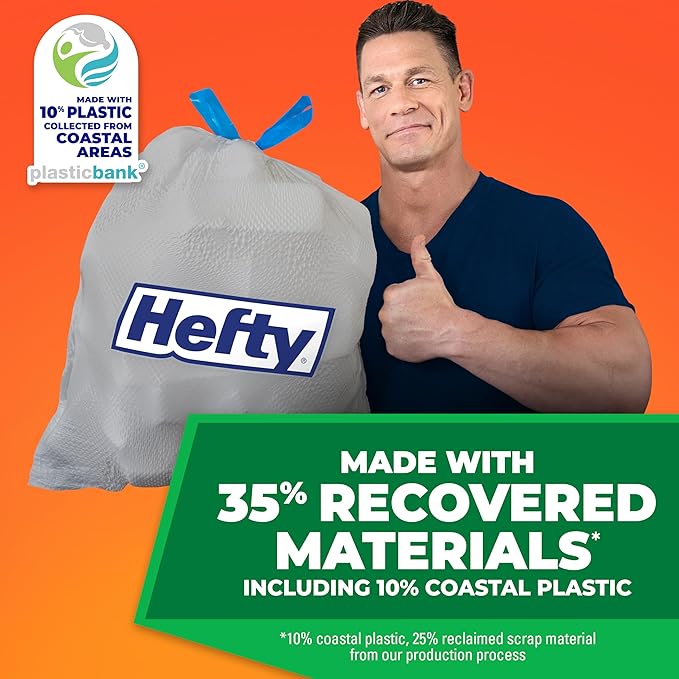 Hefty Ultra Strong 13 Gallon Trash Bags, Tall Kitchen Trash Bags Made with Recovered Materials, Including Coastal Plastic, Drawstring, Resists Leaks and Punctures, Gray, Seaside Breeze Scent, 40 Bags