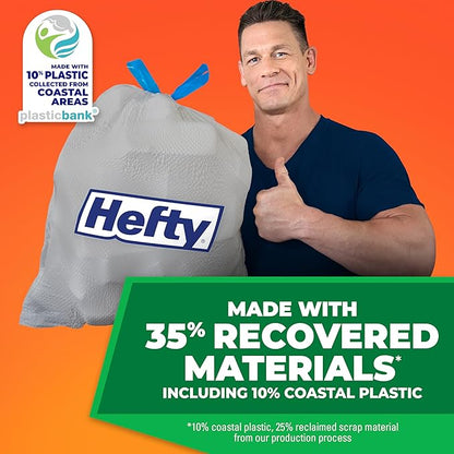 Hefty Ultra Strong 13 Gallon Trash Bags, Tall Kitchen Trash Bags Made with Recovered Materials, Including Coastal Plastic, Drawstring, Resists Leaks and Punctures, Gray, Seaside Breeze Scent, 40 Bags