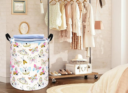 KUNRO Round Spring Butterfly Laundry Gift Basket Storage Hamper, Clothes Storage Organizer Bins, Shelf Basket with Handles for Room Decor