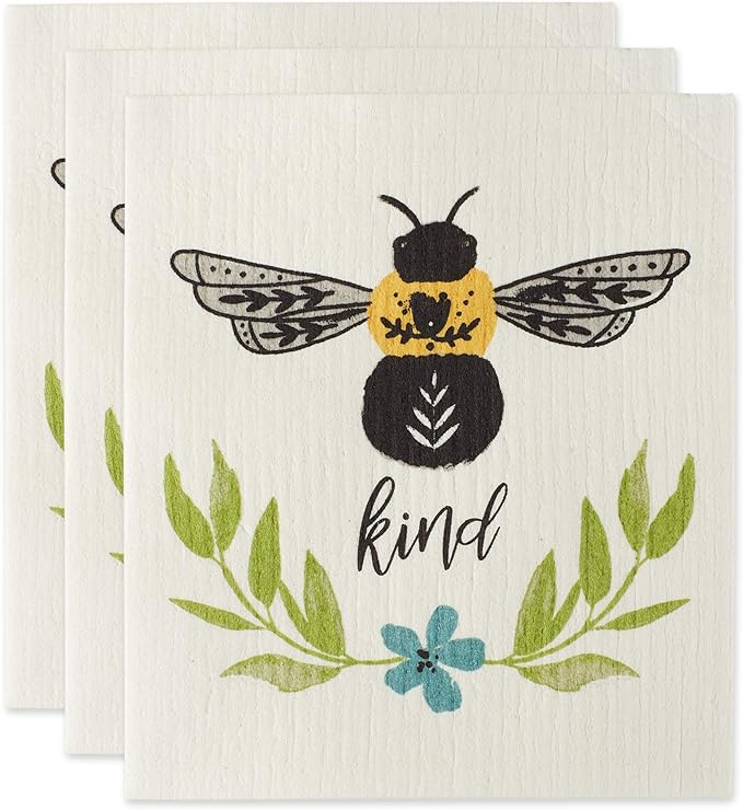 DII Swedish Dishcloths for Kitchen & Cleaning, Reusable, Machine Washable & Dishwasher Safe, Biodegradable, 7.75 x 6.75, Bee Kind, 3 Piece
