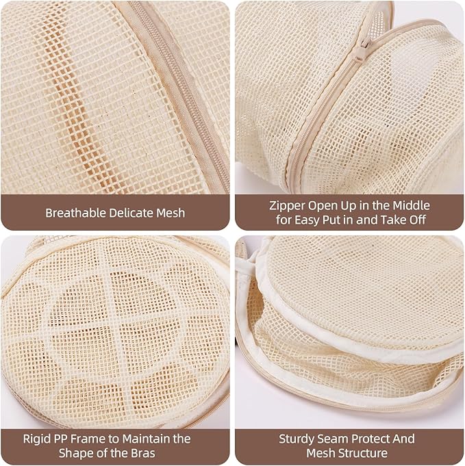 100% Pure Cotton Mesh Laundry Bags, Bra Lingerie Wash Bags for Delicates, No Dye, Set of 3, Natural(8x6.5 Inch)
