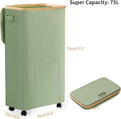 Laundry Basket with Wheels, Dirty Clothes Hamper on Wheels, Rolling Tall Laundry Hamper with lid for Laundry Room, Dorm and Bathroom, 75L Sage Green
