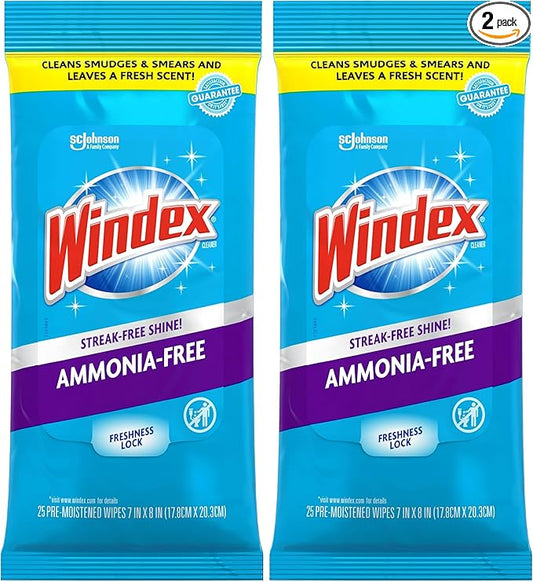 Windex Wipes Glass Cleaning Ammonia Free, Pre-Moistened Wipes for Cleaning All Glass Surfaces, Crystal Rain Fresh Scent, 25 Count (Pack of 2)