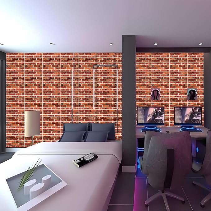 3D Wall Panels Peel and Stick, 3D Wall Panels Self Adhesive Waterproof 10PCS PVC 3D Brick Wallpaper Peel and Stick for Interior Wall Decor,Bedroom,Living Room12''x12'' (Dark Red Stone)