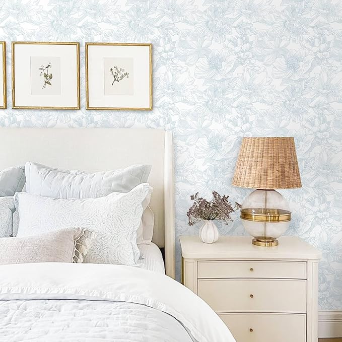 Ismoon Large Floral Peel and Stick Wallpaper Boho White and Blue Contact Paper 17.3inx6.5ft Modern Wall Paper Removable Self Adhesive Vinyl Wallpaper for Bedroom Cabinet Waterproof Mural Wall Decor