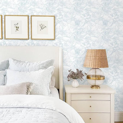 Ismoon Large Floral Peel and Stick Wallpaper Boho White and Blue Contact Paper 17.3inx6.5ft Modern Wall Paper Removable Self Adhesive Vinyl Wallpaper for Bedroom Cabinet Waterproof Mural Wall Decor