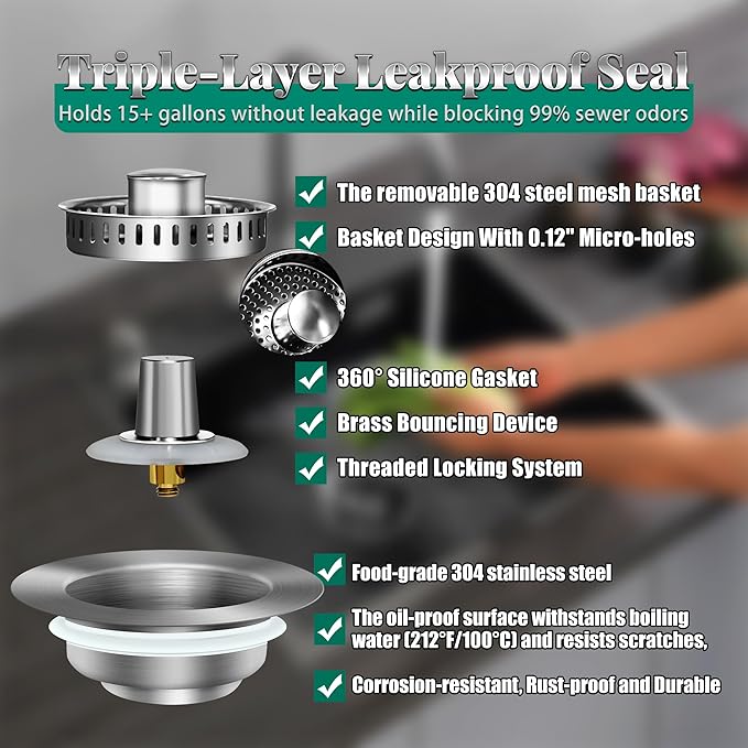 2PCS 3-in-1 Kitchen Sink Drain Strainer with Pop-Up sink stopper - 304 Stainless Steel Drain Filter & Anti-Clog Basket, Universal Fit for US Standard 3.5" Kitchen Drain