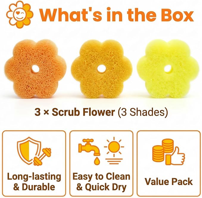 Scrub Flower Temperature Sensitive Sponges -Non-Scratch Scrubbers for Kitchen & Home - Firm in Cold & Soft in Warm Water - Odor Resistant Color-Coded Dish Sponges (Golden Sunflower, 3 Count)