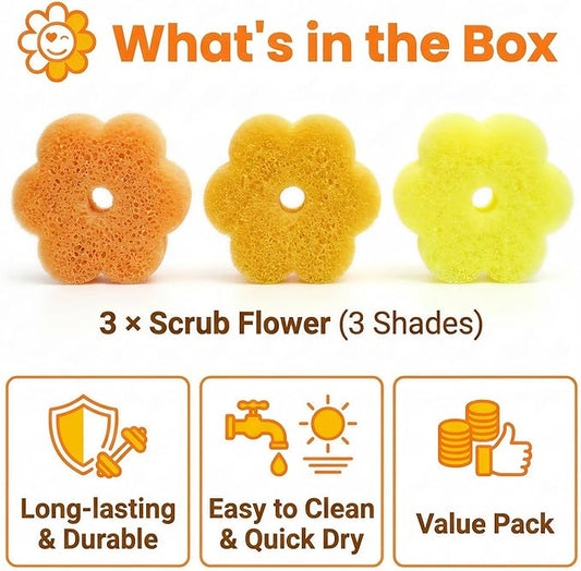 Scrub Flower Temperature Sensitive Sponges -Non-Scratch Scrubbers for Kitchen & Home - Firm in Cold & Soft in Warm Water - Odor Resistant Color-Coded Dish Sponges (Golden Sunflower, 3 Count)