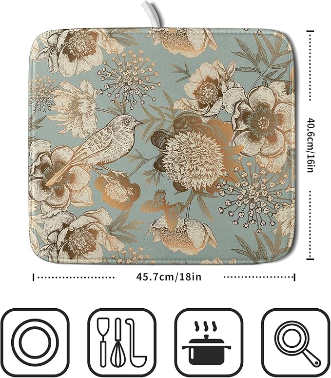 Retro Flower Bird Dish Drying Pad 16 x 18 Inch With Absorbent Reversible Microfiber Vintage Blue Gold Floral Drying Mats Dish Drainer Mat Fast Dry For Kitchen Dining Room Decoration