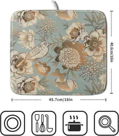 Retro Flower Bird Dish Drying Pad 16 x 18 Inch With Absorbent Reversible Microfiber Vintage Blue Gold Floral Drying Mats Dish Drainer Mat Fast Dry For Kitchen Dining Room Decoration