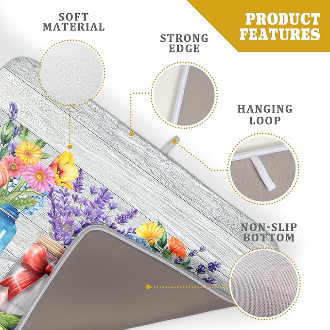 Kawani Spring Flowers Dish Drying Mat for Kitchen Counter 18"x24" Spring Floral Jars Drying Mat Soft Absorbent Microfiber Farmhouse Colorful Floral Dish Drainer Rack Mats for Counter tops