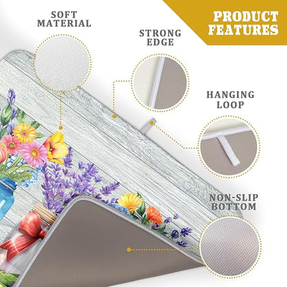 Kawani Spring Flowers Dish Drying Mat for Kitchen Counter 18"x24" Spring Floral Jars Drying Mat Soft Absorbent Microfiber Farmhouse Colorful Floral Dish Drainer Rack Mats for Counter tops
