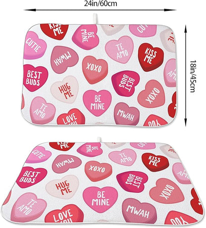 Valentine's Dish Drying Mat 18x24 Inches For Kitchen Counter Absorbent Love Heart Pink Kitchen Decoration Mother's Day Anniversary Wedding Drying Mat Pad For Home Kitchen,Office,Dining Room