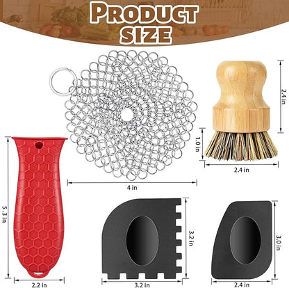 Cast Iron Scrubber, Kitchen Cleaning Set Including Honeycomb Non-Slip Silicone Pot Handle Holder, 2 Pan Grill Griddle Scrapers, Bamboo Handle Brush, 316 Stainless Steel Chainmail for Easy Clean