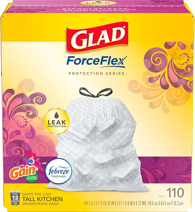Glad ForceFlex Tall Kitchen Trash Bags, 13 Gal, Gain Moonlight Breeze, 110 Ct, Pack May Vary