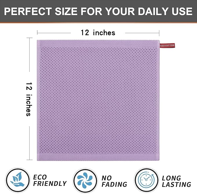 Kitinjoy 100% Cotton Kitchen Dish Cloths (12 X 12 Inches, Lavender), 6 Pack Waffle Weave Ultra Soft Absorbent Dish Towels for Drying Dishes Quick Drying Kitchen Towels Dish Rags