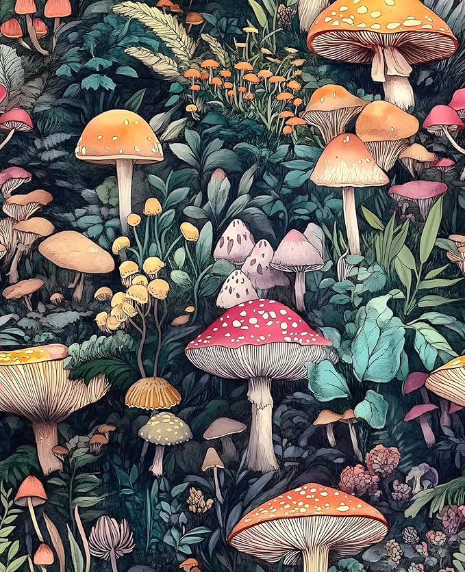 Extra Long Colorful Peel and Stick Wallpaper – Vintage Wonderland Mushroom Floral Self-Adhesive Contact Paper for Room Cabinet Drawer, Removable Vinyl Wallpaper Green Orange Red 17.5" x 393"