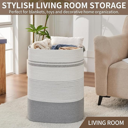 Laundry Basket with Handles - Blanket Basket & Hampers for Bedroom Aesthetic, Laundry Hamper & Blanket Storage for Living Room, Clothes Hamper, Tall, Large 17" x 14" x 22”, Grey