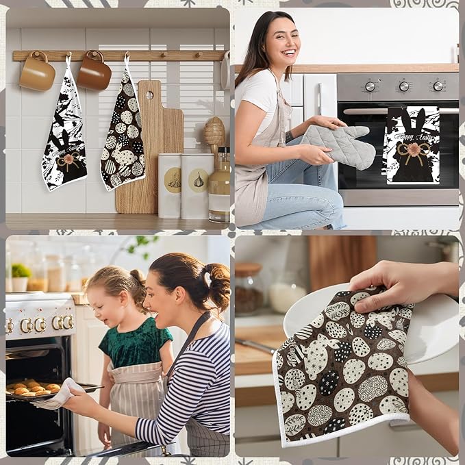 Happy Easter Kitchen Towels, Bunny Dish Towels Gifts for Cooking Cleaning Set of 4, Spring Rabbits Hand Towels with Hanging Loop for Bathroom Home Decor