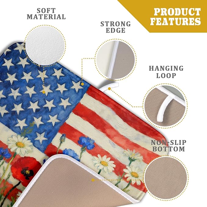 Patriotic American Flag Dish Drying Mat for Kitchen Counter 16x18 4th of July Red Blue White Floral Rustic Absorbent Reversible Microfiber Drying Mats Kitchen Countertop Protector Dishes Drainer Pad