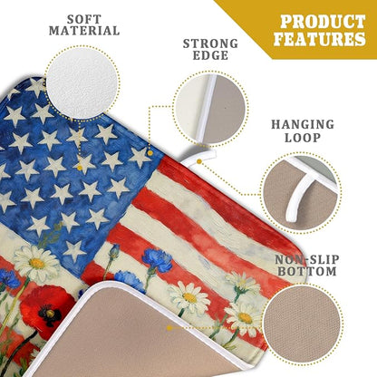 Patriotic American Flag Dish Drying Mat for Kitchen Counter 16x18 4th of July Red Blue White Floral Rustic Absorbent Reversible Microfiber Drying Mats Kitchen Countertop Protector Dishes Drainer Pad