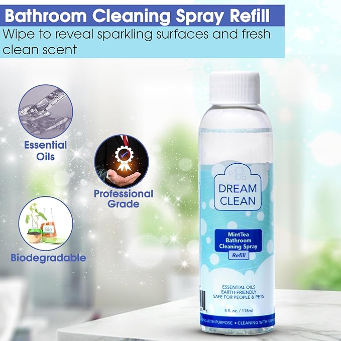 DREAM CLEAN MintTea Bathroom Cleaning Spray Refill - Biodegradable and Cruelty-Free Formula for Showers, Tubs, Sinks & More, Spearmint & Tea Tree Essential Oils, 4oz