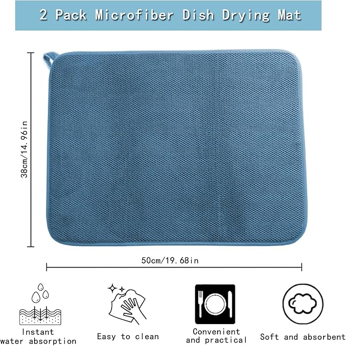 2 Pack Dish Drying Mats for Kitchen Counter, 20*15 Inch Microfiber Absorbent Dish Drainer Mats with Hanging Loop, Medium Size Dish Drying Pad for Countertops, Draining Racks, Sinks (Blue)