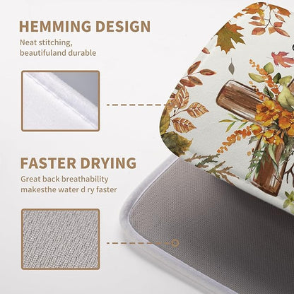 Fall Drying Mat for Kitchen Counter Autumn Thanksgiving Pumpkin Cross Dish Mat Sunflower Maple Leaf Absorbent Microfiber Dish Draining Mat Reusable Dishes Pad Medium 16"x18"