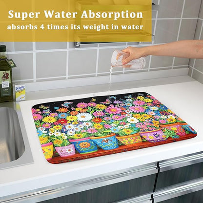 Vintage Flowers Dish Drying Mats Spring Floral Drying Matt Kitchen Counter 18x24