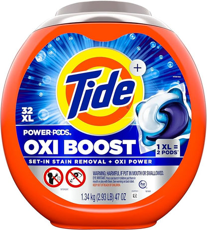 Tide Oxi Boost Power PODS Laundry Detergent Pacs, 32 Count, Set-In Stain Removal + Oxi Power, laundry soap detergent pacs
