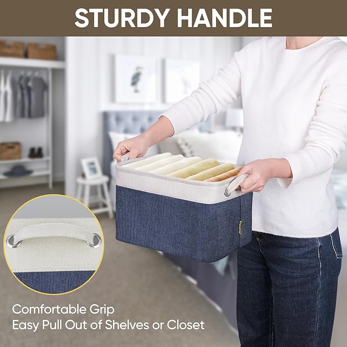 BALEINE 2 Pack Fabric Closet Storage Bins for Shelves, Linen Closet Organizers and Storage, Decorative Baskets for Organizing, Shelf, Clothes, Home, Office (Navy Blue, 12"x8"x8")