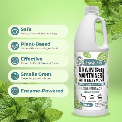 Mighty Mint Enzyme Drain Maintainer – Drain Cleaner & Deodorizer for Odor Control and Buildup Prevention – Safe for Pipes, Septic & Grease Traps - 32 oz.