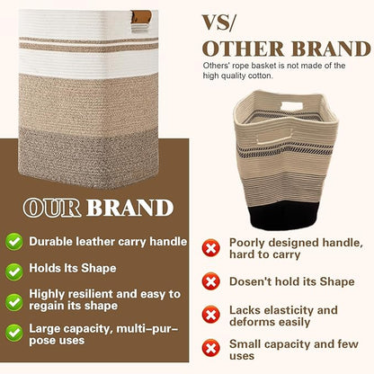 Laundry Hamper, 95L Tall Laundry Basket with Leather Handles, Rectangle Large Clothes Hamper for Organizing, Cotton Woven Laundry Baskets Storage Hampers for Bedroom, Nursery, Living Room