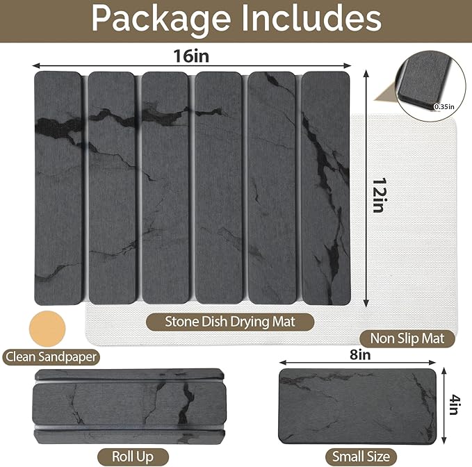 Large Stone Dish Drying Mat for Kitchen Counter, 2PCS Quick Dry Stone Dishes Mat,Foldable Water Absorbing Diatomaceous Drying Organizer Pad for Plate Rack Bottles Utensils(Dark Gray 16"x12" & 8“x4")