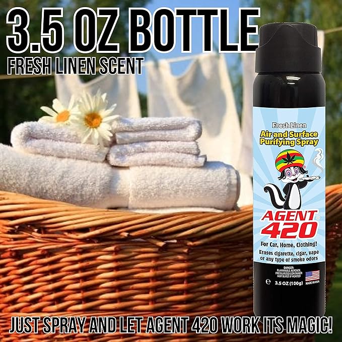 Agent 420 Odor Eliminator Aerosol Spray, Fresh Linen, 3.5 oz — Tea Tree Oil Breaks Down Smoke at the Molecular Level