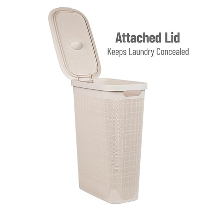 Mind Reader Slim Laundry Hamper with Lid, 40L Clothes Basket, Linen Design, Plastic, Ivory