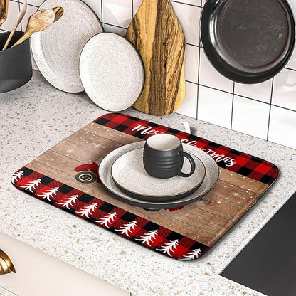 Christmas Dish Drying Mat 16 x 18 Inch with Hanging Loop High Absorbent Reversible Microfiber Red Truck Buffalo Check Plaid Dish Mat Dish Drying Pad Dish Rack Pad Drainer Mat Counter Mat