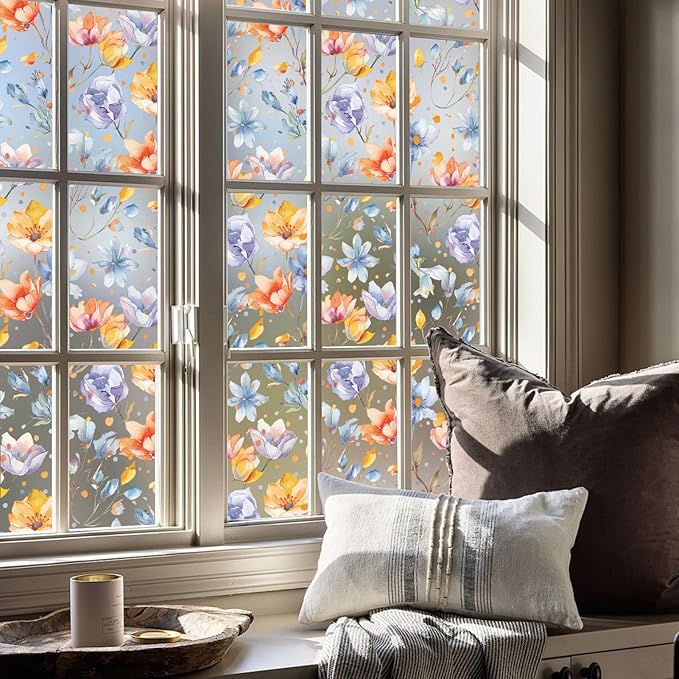 DKTIE Retro Floral Pattern Stained Glass Window Film Two-Way Privacy Day and Night Decorative Window Film Static Cling UV2 Print Technology (S647, 17.7in X 78.7in)
