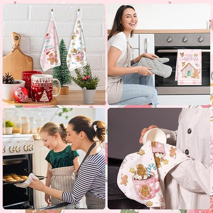 Pink Christmas Kitchen Towels, 6PCS Gingerbread Hand Tea Towels Set Xmas Housewarming Gifts, Candy Cane Kitchen Dish Clothes Bathroom Holiday Decor Supplies