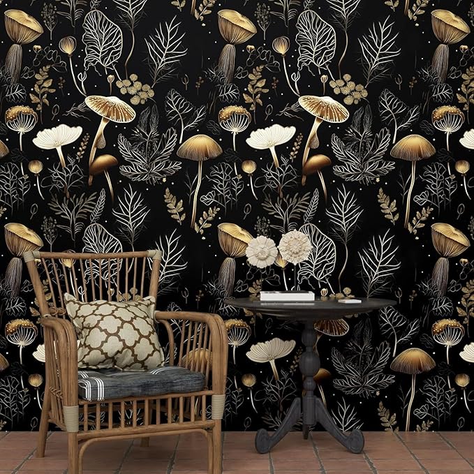 Laatse Black Gold Wallpaper Peel and Stick Dark Floral Contact Paper 17.5" x 393" Vinyl Self Adhesive Vintage Mushrooms Wall Mural Leaf Wall Paper for Room Countertop Drawer Decor Cabinet