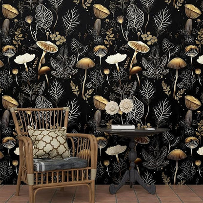 Laatse Black Gold Wallpaper Peel and Stick Dark Floral Contact Paper 17.5" x 393" Vinyl Self Adhesive Vintage Mushrooms Wall Mural Leaf Wall Paper for Room Countertop Drawer Decor Cabinet
