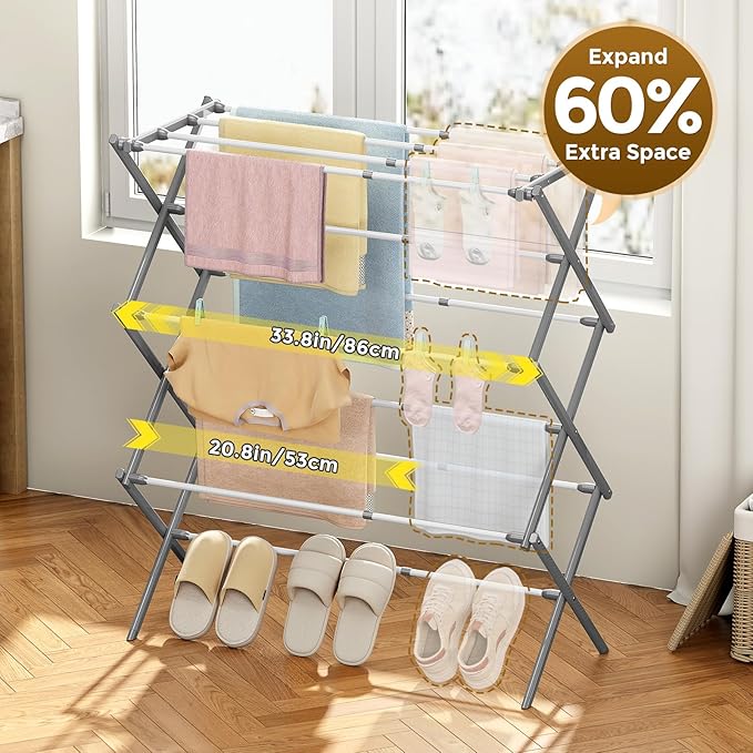 KINGBOARD Clothes Drying Rack, Collapsible Drying Rack Clothing with 11 Poles, 3-Tier Laundry Drying Rack, Small Clothes Drying Rack Foldable for Baby Clothes, 25lb Capacity, Grey