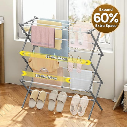 KINGBOARD Clothes Drying Rack, Collapsible Drying Rack Clothing with 11 Poles, 3-Tier Laundry Drying Rack, Small Clothes Drying Rack Foldable for Baby Clothes, 25lb Capacity, Grey