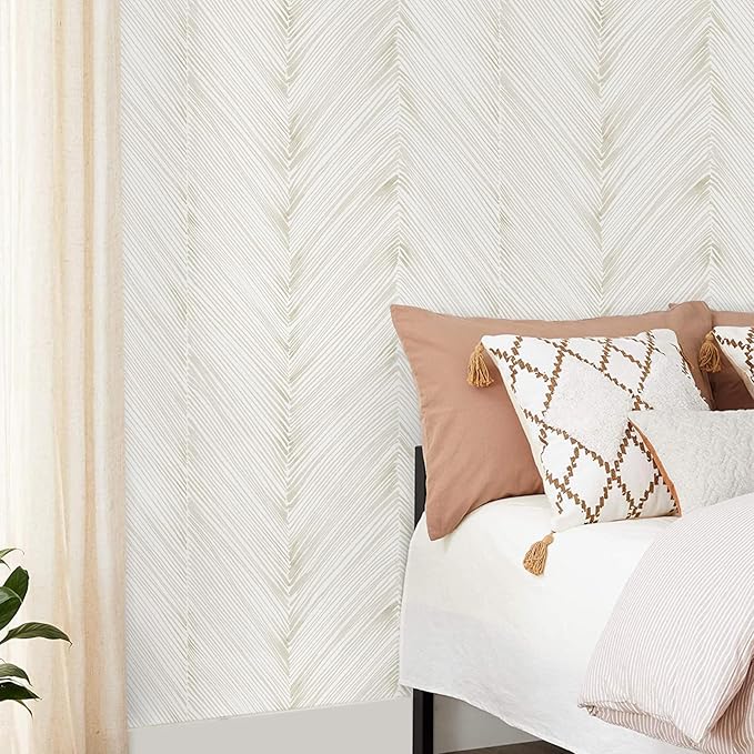 Modern Peel and Stick Wallpaper 17.3"x120" Beige Herringbone Striped Wall Paper Boho Self-Adhesive Removable Contact Paper for Cabinets Bathroom Bedroom Wall Decor
