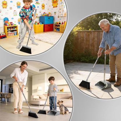 YZO Broom with Dustpan Combo Set, 54.33 Inch Long Handle Standing Design, Dustpan Front Rubber Tight Seal, Broom with 5 Layer Bristles, Suitable for Bedroom, Yard, Office and Apartment(Gray&Black)