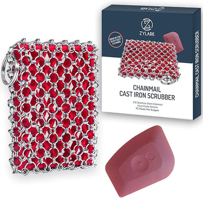 Cast Iron Scrubber Kit + Pan Scraper - 316 Cast Iron Chainmail Scrubber - Skillet Cleaner Scrubber - Cast Pan Scrubber Cleaner - Chainmail Chain Scrubber - Silicone Sponge - Dishwaher Safe